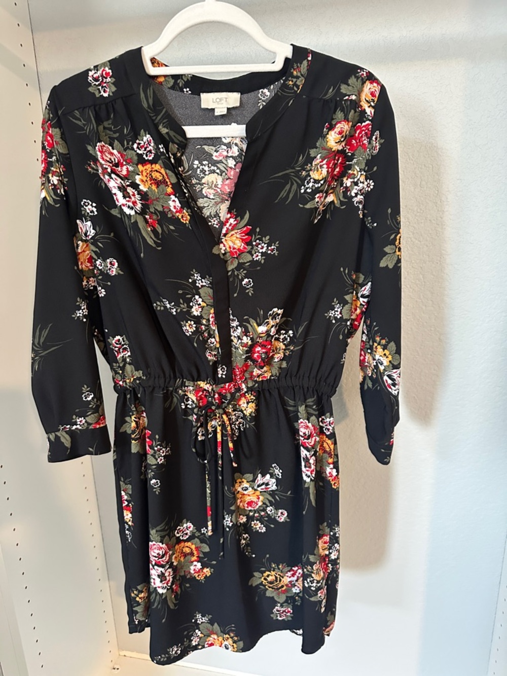 LOFT Black Floral Drawstring Shirt Dress with Mixed Blooms